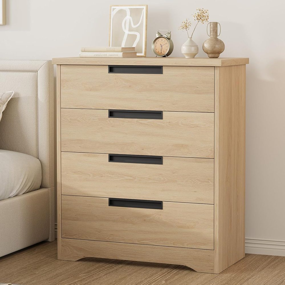 4 Drawer Dresser for Bedroom, Natural Chest of Drawers with Embedded Handles Design, Wooden Dresser Organizer for Living Room, Nursery, Hallway and Entryway
