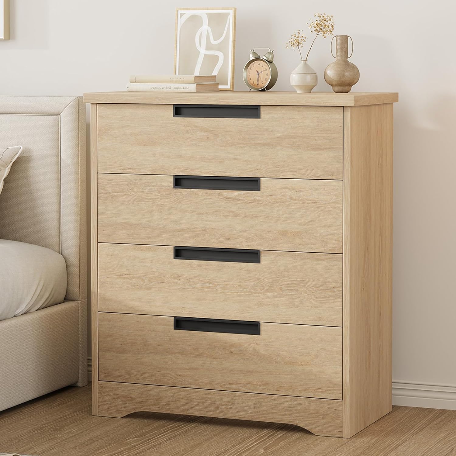 4 Drawer Dresser for Bedroom, Natural Chest of Drawers with Embedded Handles Design, Wooden Dresser Organizer for Living Room, Nursery, Hallway and Entryway