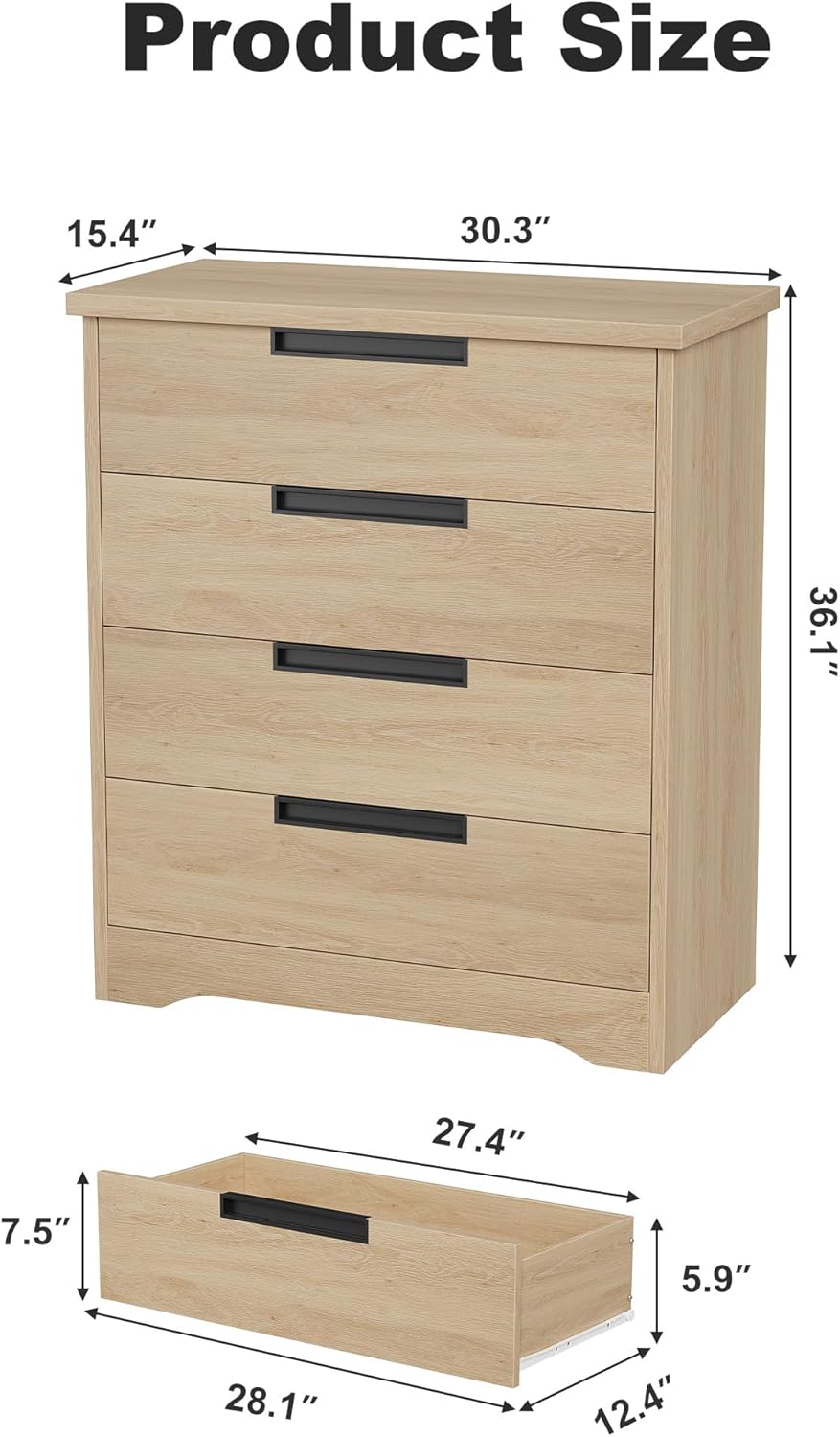 4 Drawer Dresser for Bedroom, Natural Chest of Drawers with Embedded Handles Design, Wooden Dresser Organizer for Living Room, Nursery, Hallway and Entryway - Image 2