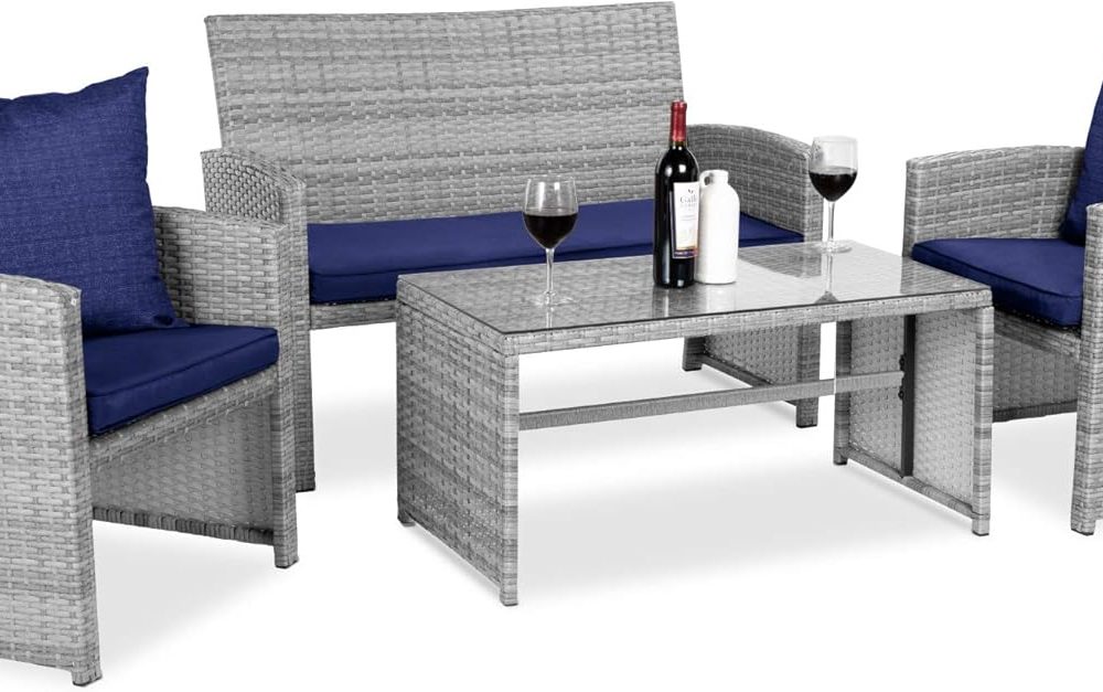 Best Choice Products 4-Piece Outdoor Wicker Patio Conversation Furniture Set for Backyard w/Coffee Table, Seat Cushions - Gray/Navy