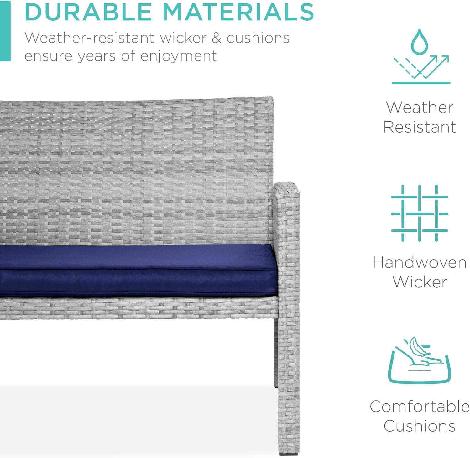Best Choice Products 4-Piece Outdoor Wicker Patio Conversation Furniture Set for Backyard w/Coffee Table, Seat Cushions - Gray/Navy - Image 3