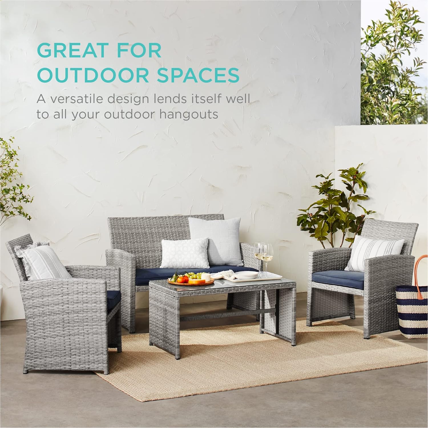 Best Choice Products 4-Piece Outdoor Wicker Patio Conversation Furniture Set for Backyard w/Coffee Table, Seat Cushions - Gray/Navy - Image 6