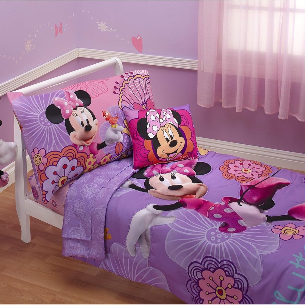 Disney 4 Piece Minnie's Fluttery Friends Toddler Bedding Set, Lavender