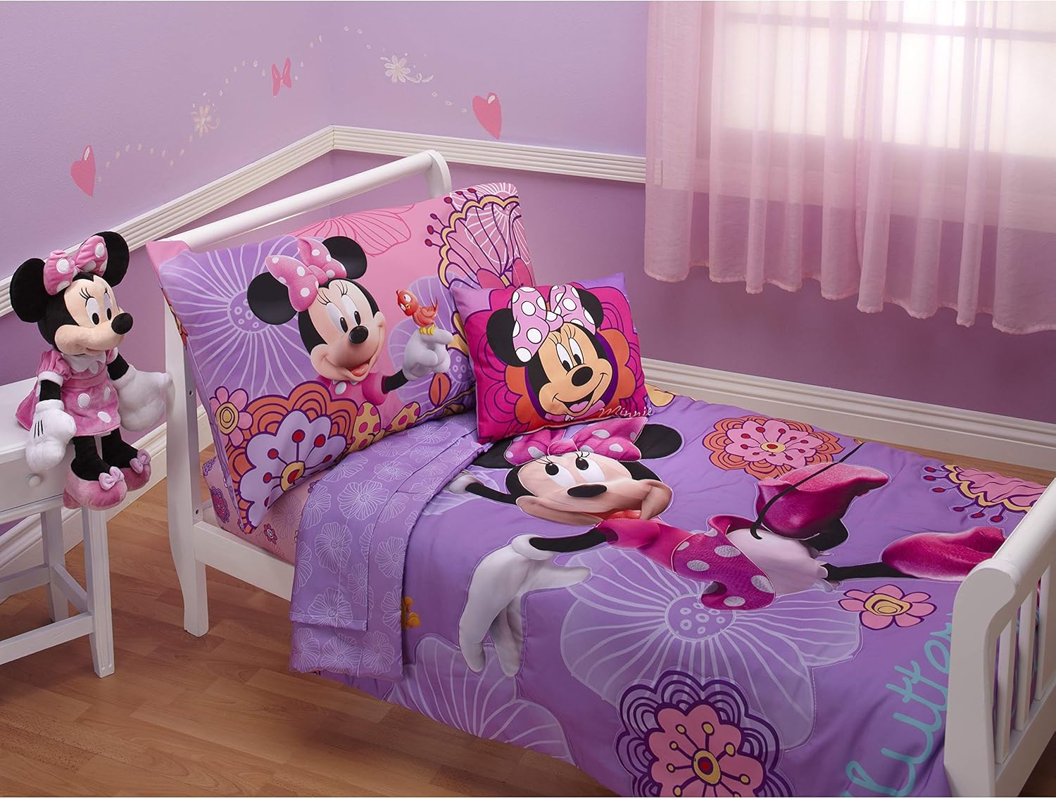 Disney 4 Piece Minnie's Fluttery Friends Toddler Bedding Set, Lavender