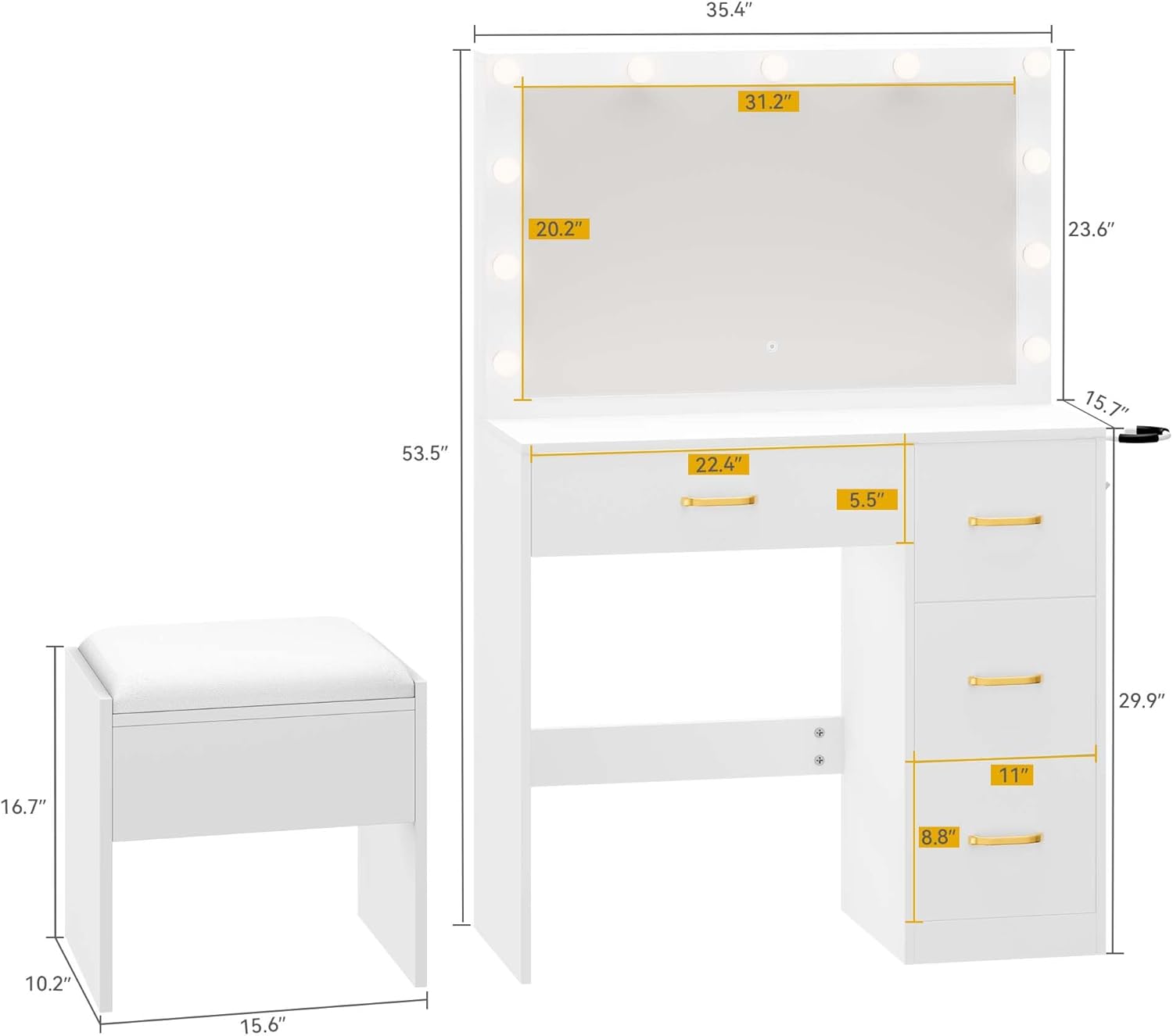 DWVO Makeup Vanity with Lighted Mirror, Vanity Desk with Power Strip, Adjustable Lighting, 4 Drawers, and Cushioned Stool - Image 4