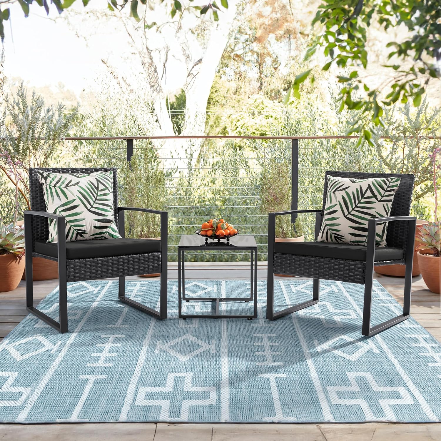 Flamaker 3 Pieces Patio Set Outdoor Wicker Furniture Sets Modern Rattan Chair Conversation Sets with Coffee Table for Yard and Bistro (Black) - Image 5
