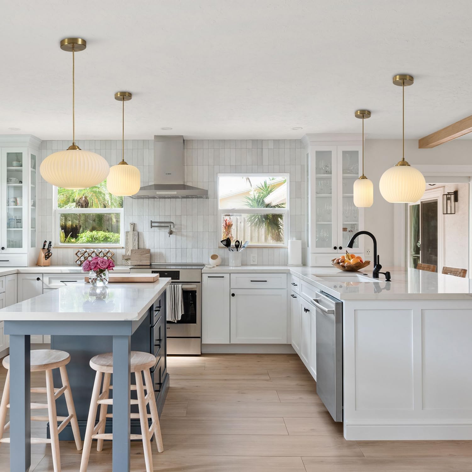 KCO Lighting Mid Century Modern Gold Globe Pendant Lighting Brushed Brass White Opal Glass Pendant Light Antique Farmhouse Single Hanging Kitchen Island Lighting Fixture - Image 4