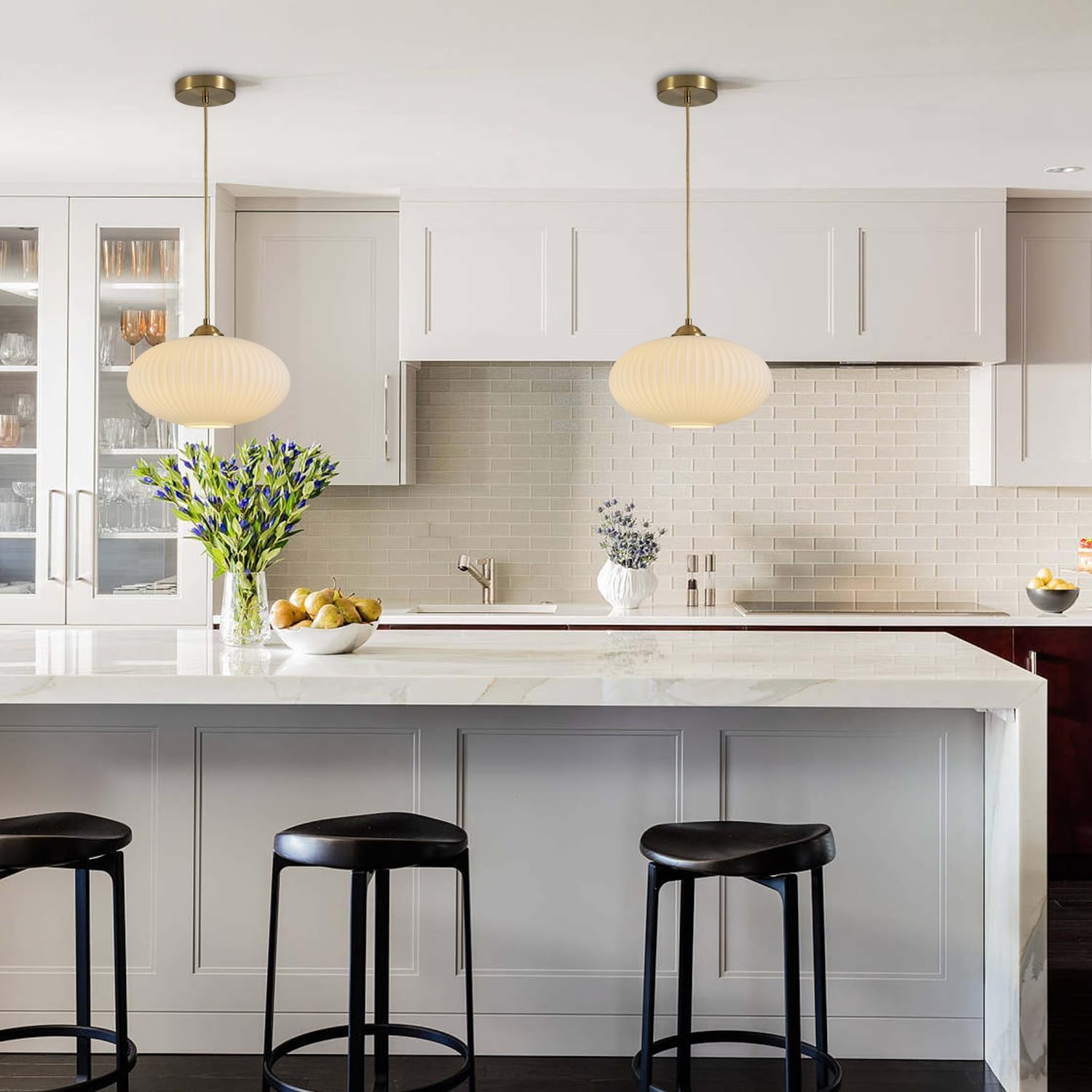 KCO Lighting Mid Century Modern Gold Globe Pendant Lighting Brushed Brass White Opal Glass Pendant Light Antique Farmhouse Single Hanging Kitchen Island Lighting Fixture - Image 5