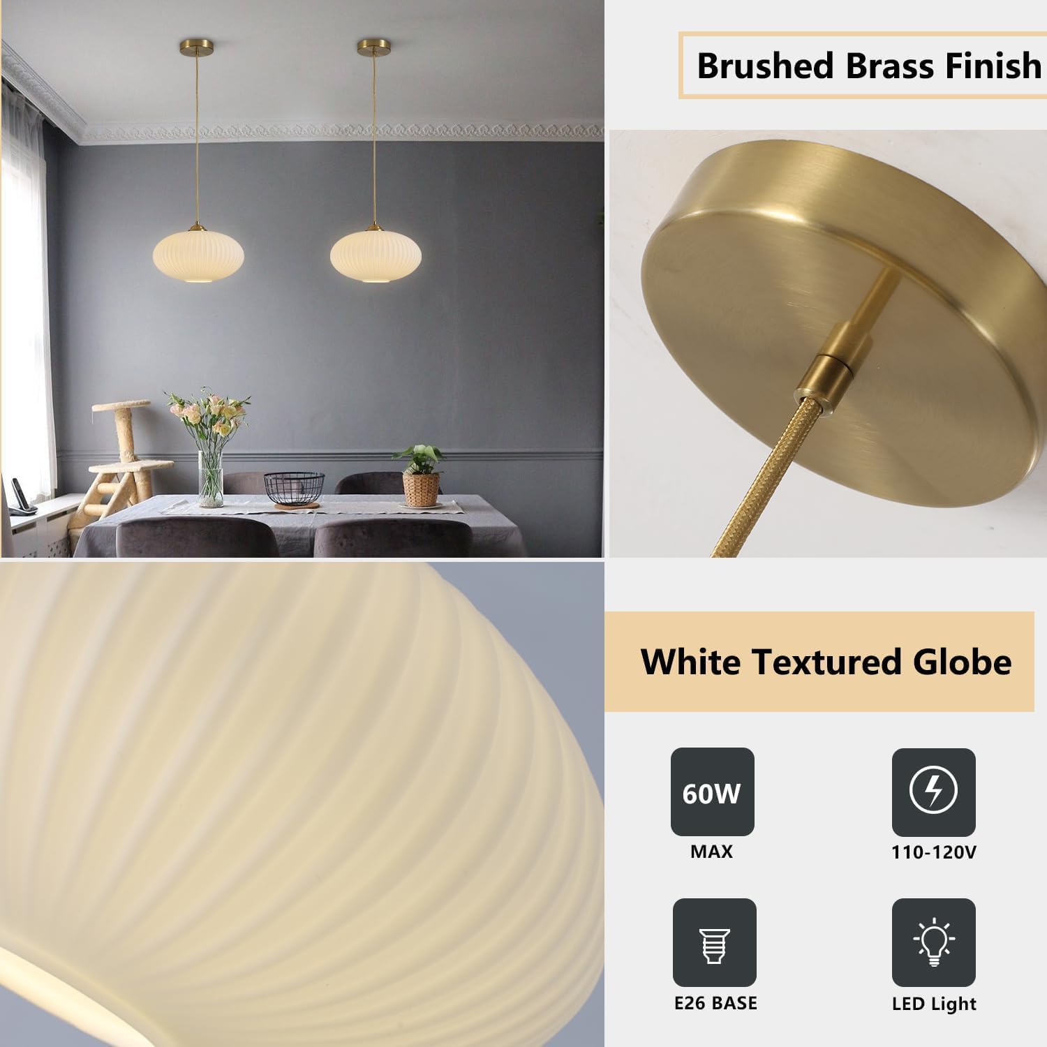 KCO Lighting Mid Century Modern Gold Globe Pendant Lighting Brushed Brass White Opal Glass Pendant Light Antique Farmhouse Single Hanging Kitchen Island Lighting Fixture - Image 7