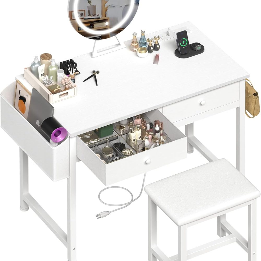 Makeup Vanity Desk with Mirror and Lights - Girls White Vanity Table Set with Chair, Fabric Drawers, Power Outlet, Small Modern Make Up Dressing Table for Bedroom