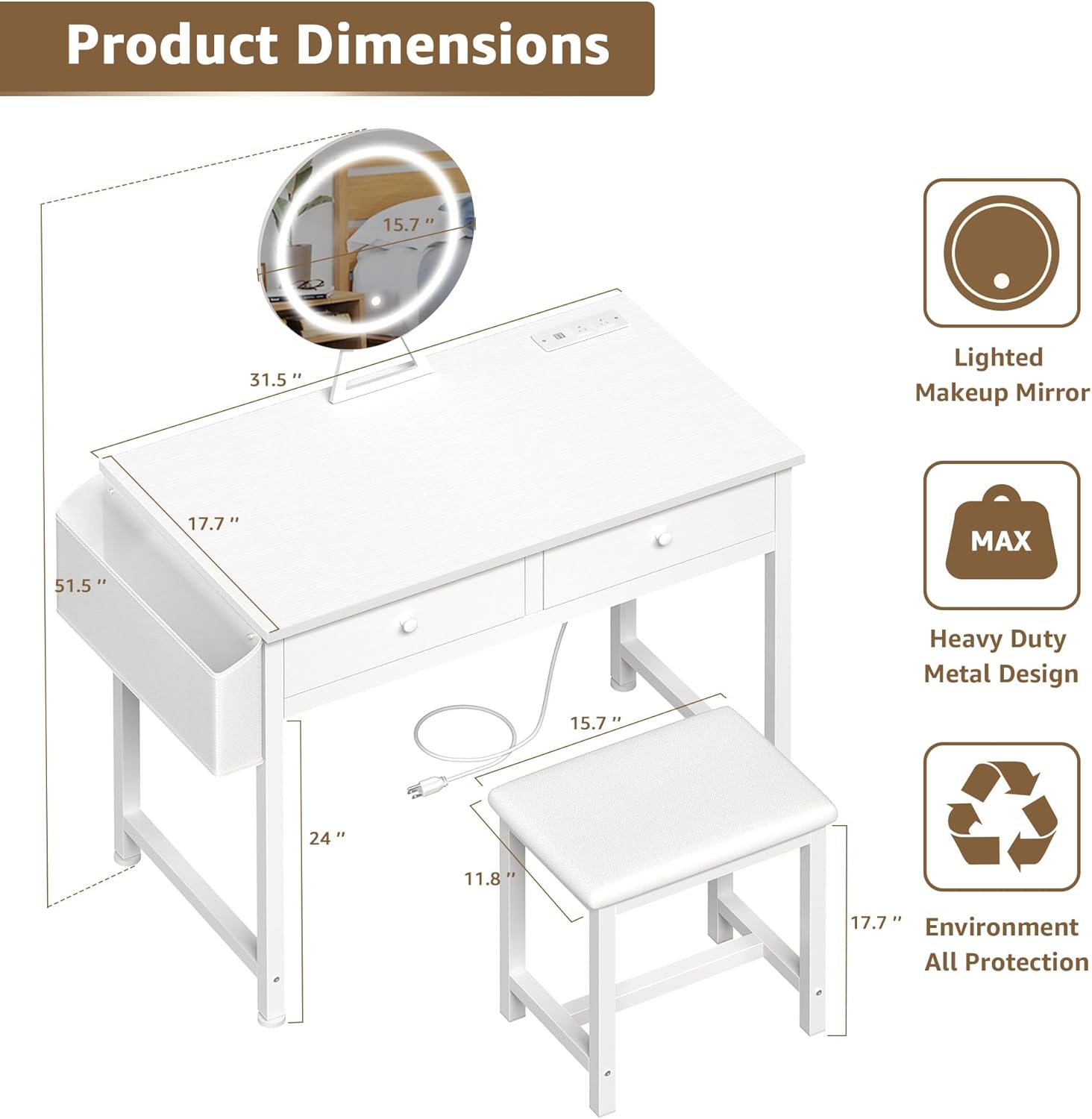 Makeup Vanity Desk with Mirror and Lights - Girls White Vanity Table Set with Chair, Fabric Drawers, Power Outlet, Small Modern Make Up Dressing Table for Bedroom - Image 3