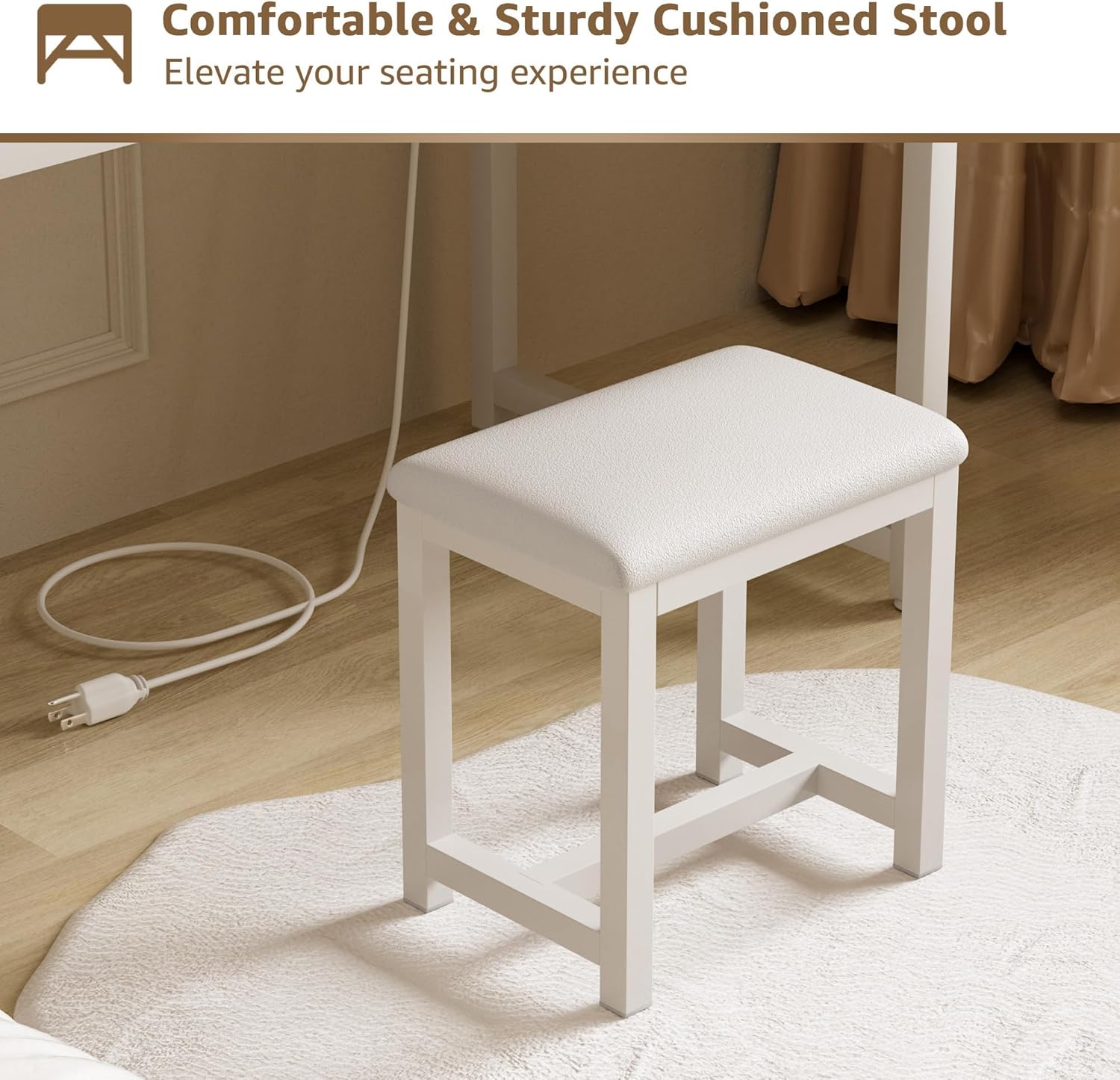 Makeup Vanity Desk with Mirror and Lights - Girls White Vanity Table Set with Chair, Fabric Drawers, Power Outlet, Small Modern Make Up Dressing Table for Bedroom - Image 5