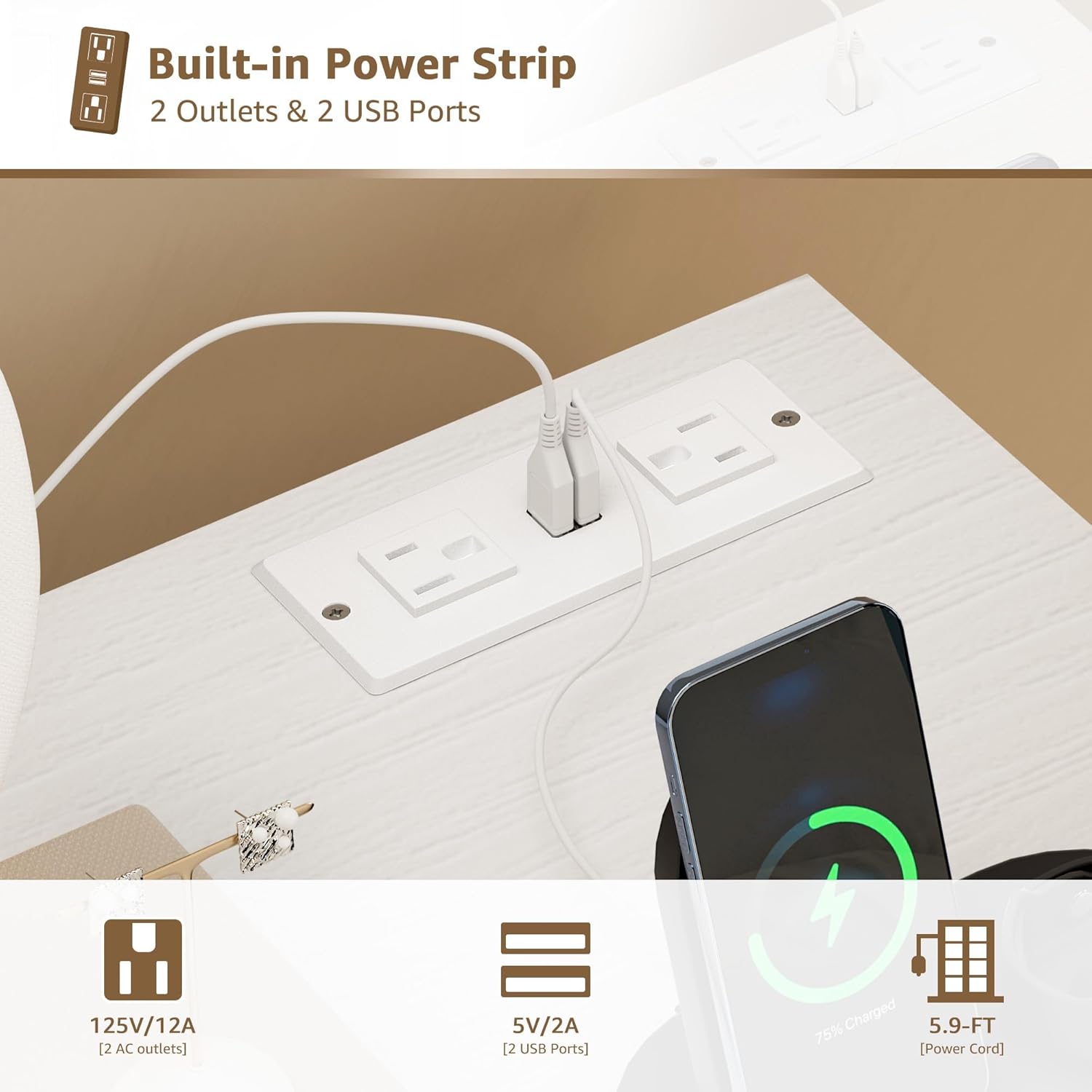 Makeup Vanity Desk with Mirror and Lights - Girls White Vanity Table Set with Chair, Fabric Drawers, Power Outlet, Small Modern Make Up Dressing Table for Bedroom - Image 6