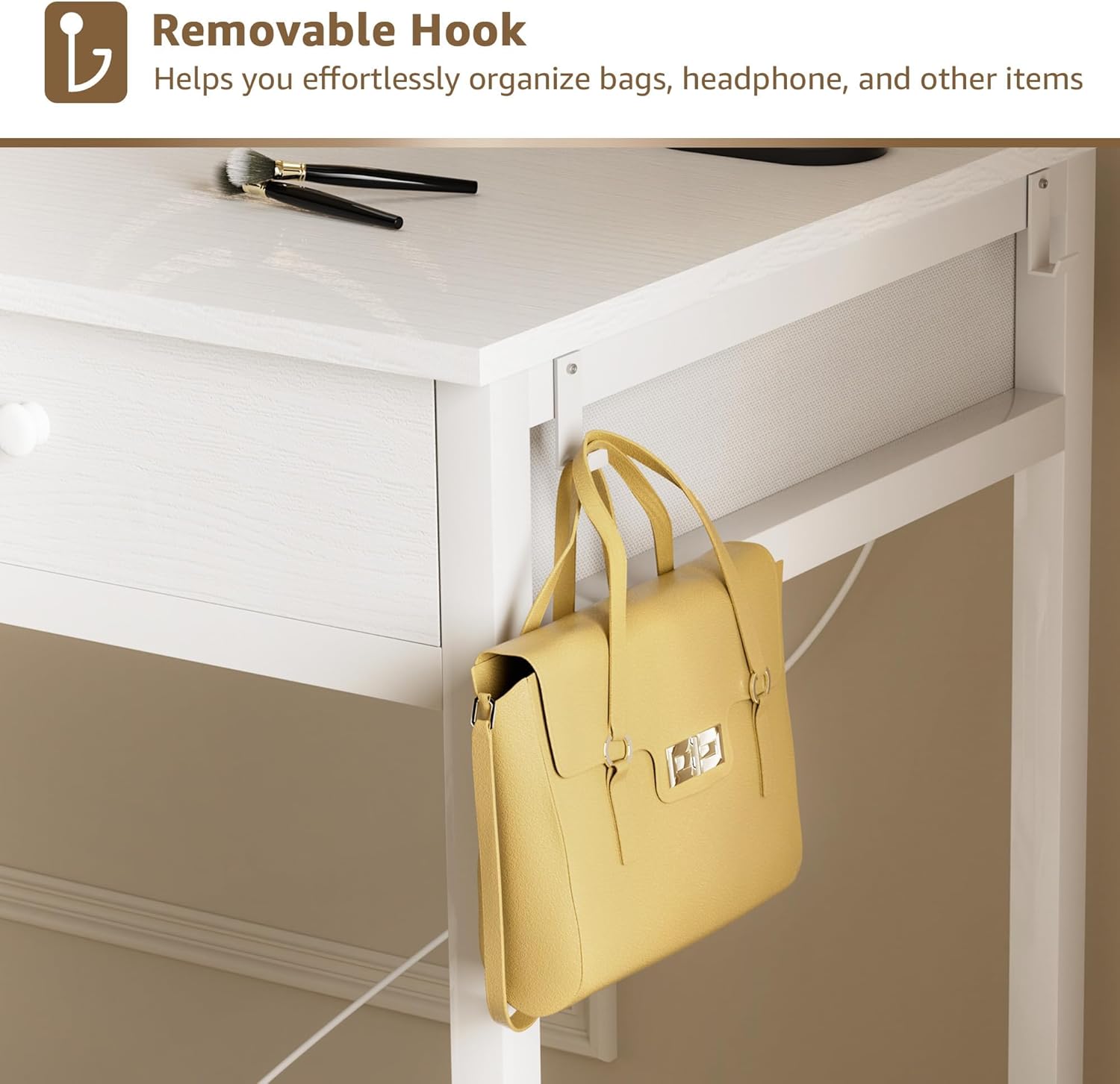 Makeup Vanity Desk with Mirror and Lights - Girls White Vanity Table Set with Chair, Fabric Drawers, Power Outlet, Small Modern Make Up Dressing Table for Bedroom - Image 7