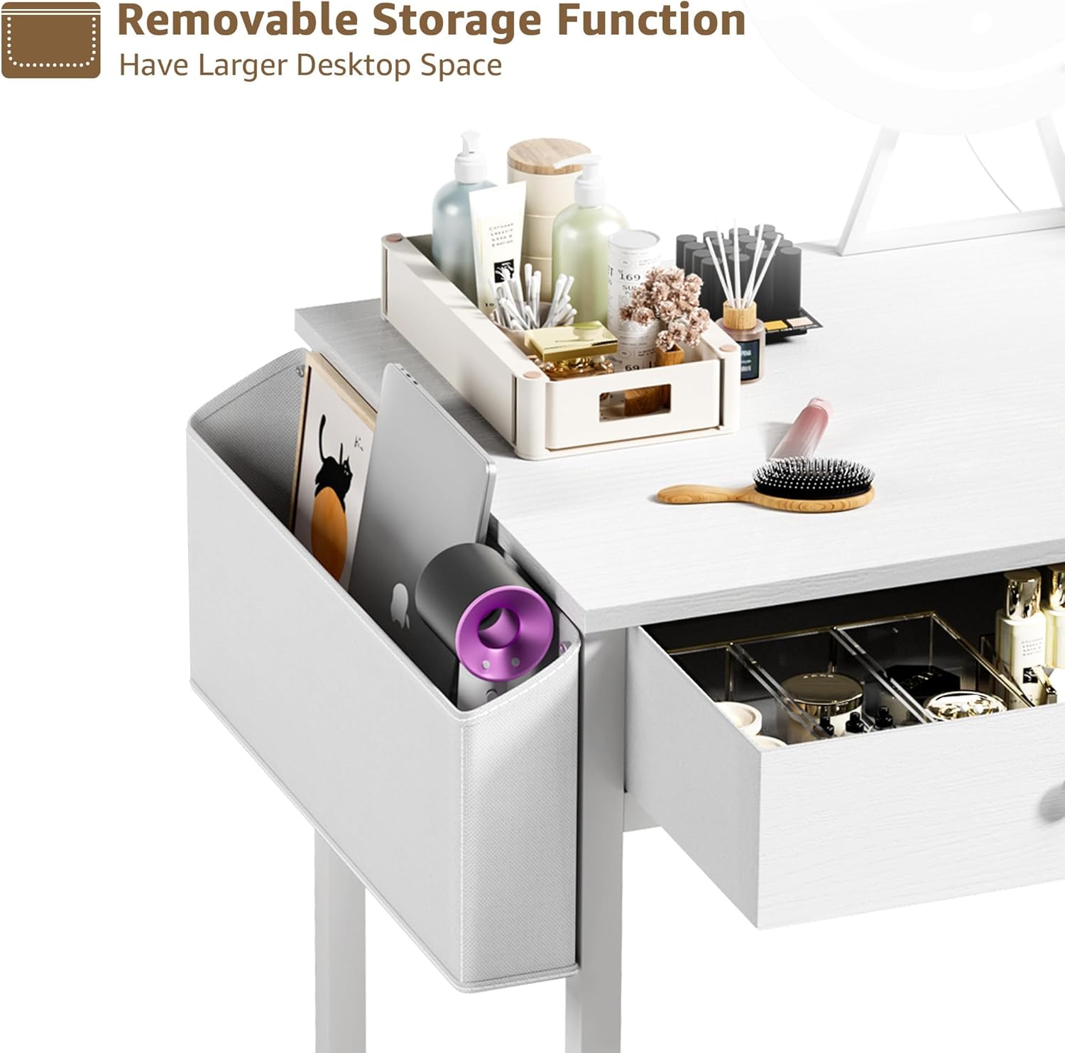 Makeup Vanity Desk with Mirror and Lights - Girls White Vanity Table Set with Chair, Fabric Drawers, Power Outlet, Small Modern Make Up Dressing Table for Bedroom - Image 8