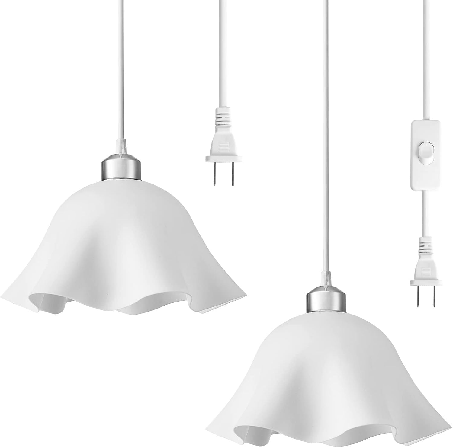 Plug in Pendant Light, 2 Pack Hanging Lights with Plug in Cord, Hanging Lamp with15Ft Cord, On/Off Switch, Frosted Plastic White Shade, Plug in Hanging Ceiling Lights for Bedroom, Living Room