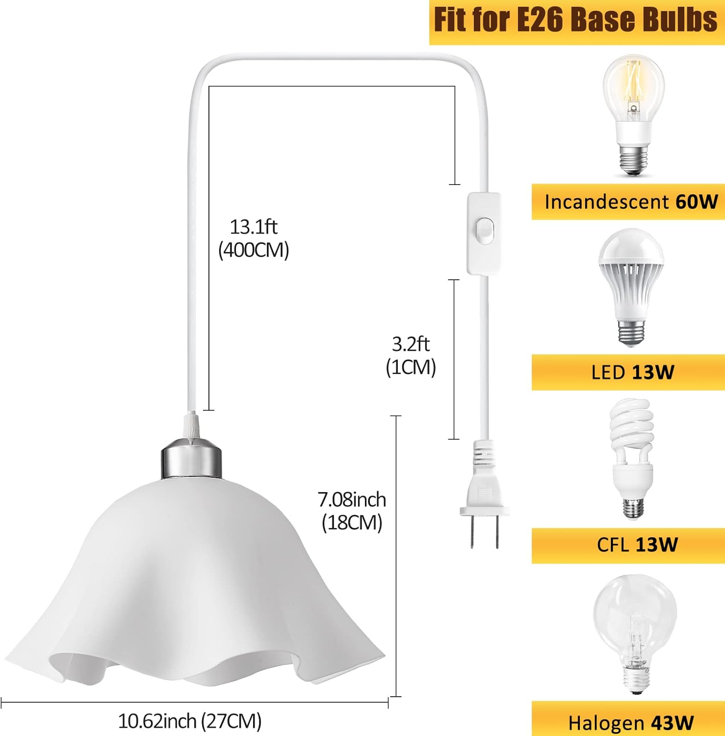 Plug in Pendant Light, 2 Pack Hanging Lights with Plug in Cord, Hanging Lamp with15Ft Cord, On/Off Switch, Frosted Plastic White Shade, Plug in Hanging Ceiling Lights for Bedroom, Living Room - Image 4