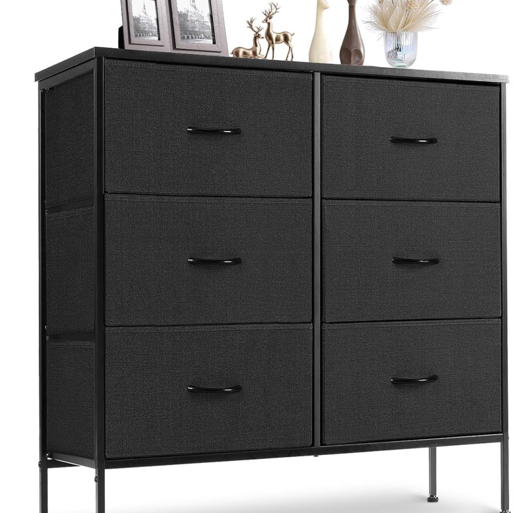 Sweetcrispy 6 Drawer Dresser for Bedroom, Fabric Chest of Drawers Dressers, Storage Tower Unit with Fabric Bins, Bedroom Dresser for Closet, Living Room, Hallway, Wood Top, Steel Frame, Black