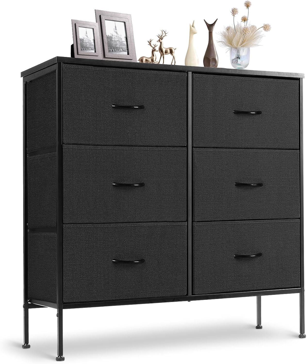 Sweetcrispy 6 Drawer Dresser for Bedroom, Fabric Chest of Drawers Dressers, Storage Tower Unit with Fabric Bins, Bedroom Dresser for Closet, Living Room, Hallway, Wood Top, Steel Frame, Black