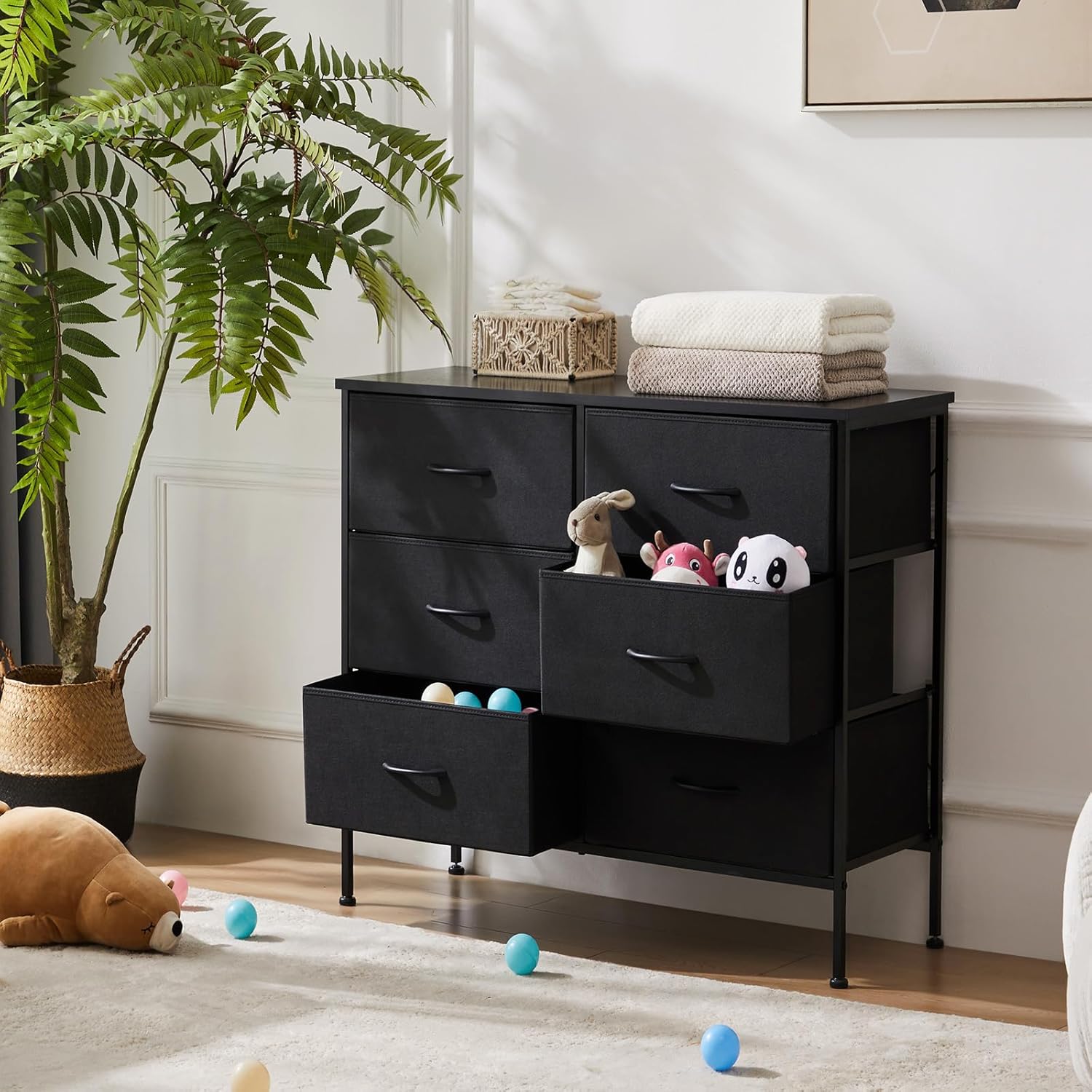 Sweetcrispy 6 Drawer Dresser for Bedroom, Fabric Chest of Drawers Dressers, Storage Tower Unit with Fabric Bins, Bedroom Dresser for Closet, Living Room, Hallway, Wood Top, Steel Frame, Black - Image 2